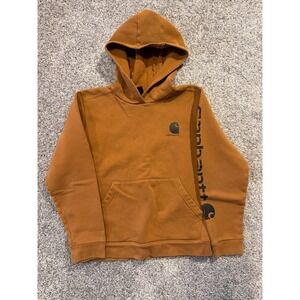 Carhartt Hoodie Kids L 14-16 Brown Graphic Sleeve Logo Sweatshirt Workwear *
